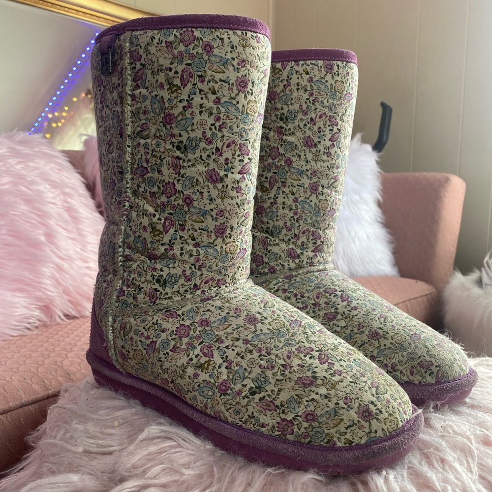 Floral purple bear paw boots.